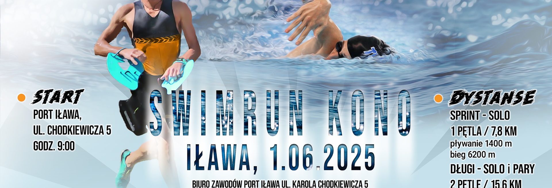 Plakat zapraszający w niedzielę 1 czerwca 2025 r. do Iławy na Zawody SwimRun KONO Iława 2025.