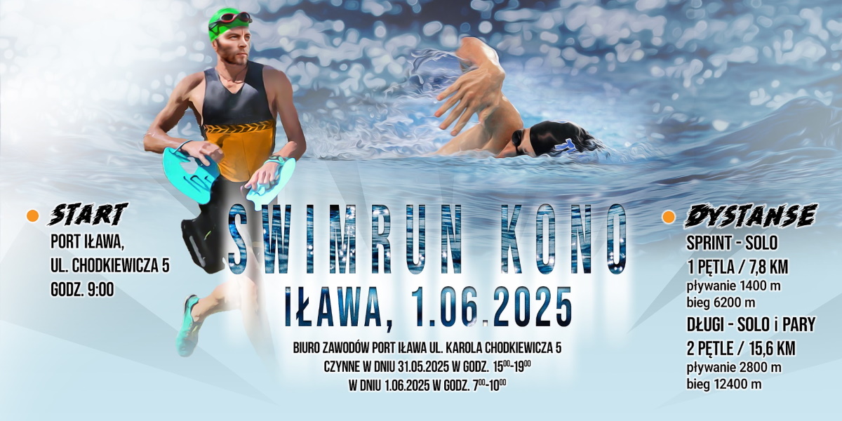 Plakat zapraszający w niedzielę 1 czerwca 2025 r. do Iławy na Zawody SwimRun KONO Iława 2025.