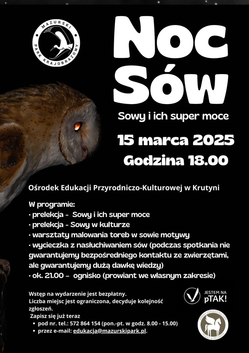 Plakat zapraszający w sobotę 15 marca 2025 r. do Krutyni na Noc Sów - Ośrodek Edukacji Przyrodniczo-Kulturowej Krutyń 2025,