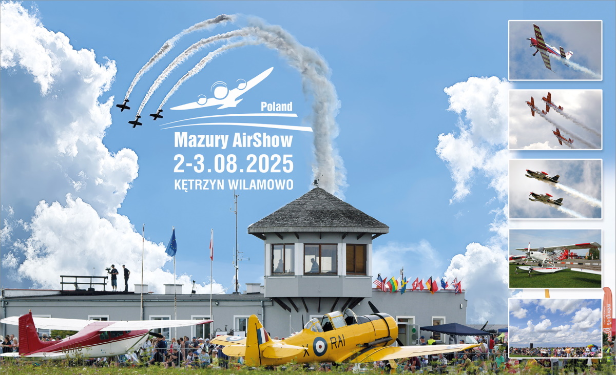 Plakat zapraszający w dniach 2-3 sierpnia 2025 r. na Lotnisko Wilamowo Kętrzyn na kolejną edycję Mazury AirShow 2025.