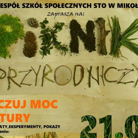 Plakat zapraszający w piątek 21 marca 2025 r. do Mikołajek na Piknik Przyrodniczy "Poczuj moc natury" Mikołajki 2025.