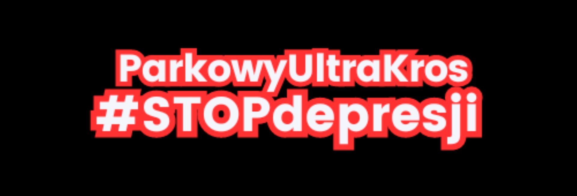 Plakat zapraszający na coroczną imprezę biegową do Morąga na 12-godzinny bieg krosowy „Parkowy Ultra Kros #STOPdepresji” Morąg. 