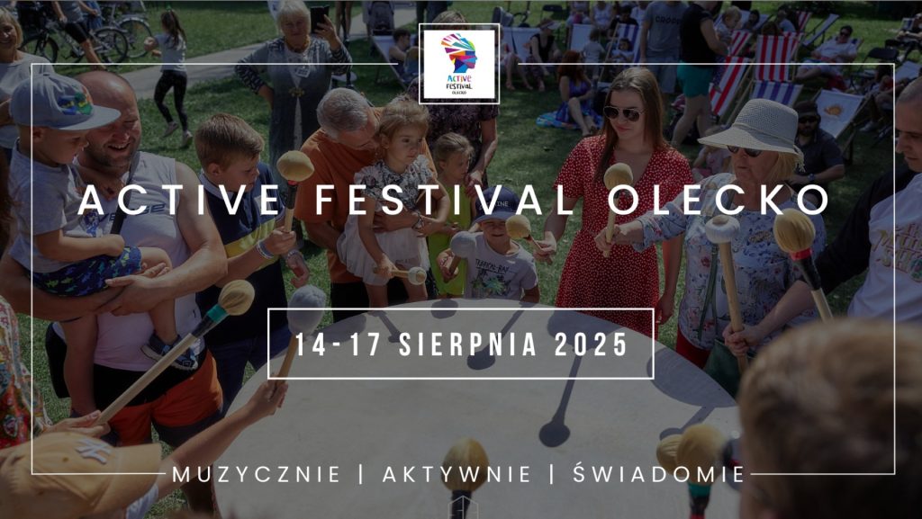 Plakat zapraszający w dniach 14-17 sierpnia 2025 r. do Olecka na cykliczną imprezę Active Festival Olecko 2025.