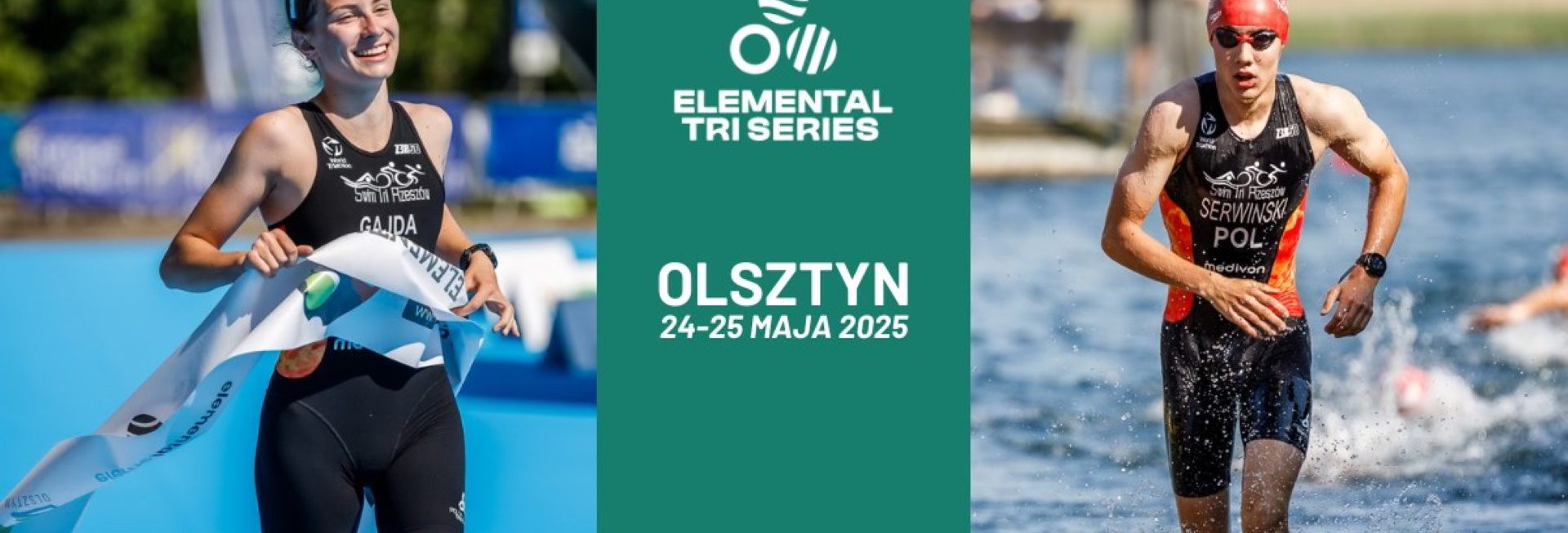 Plakat zapraszający w dniach 24-25 maja 2025 r. do Olsztyna na zawody Elemental Tri Series Olsztyn 2025.