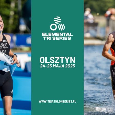 Plakat zapraszający w dniach 24-25 maja 2025 r. do Olsztyna na zawody Elemental Tri Series Olsztyn 2025.