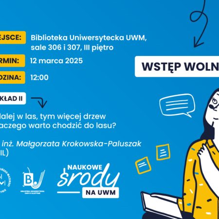 Plakat zapraszający w środę 12 marca 2025 r. do Olsztyna na spotkanie "Im dalej w las, tym więcej drzew. Dlaczego warto chodzić do lasu? - Uniwersytet UWM Olsztyn 2025.