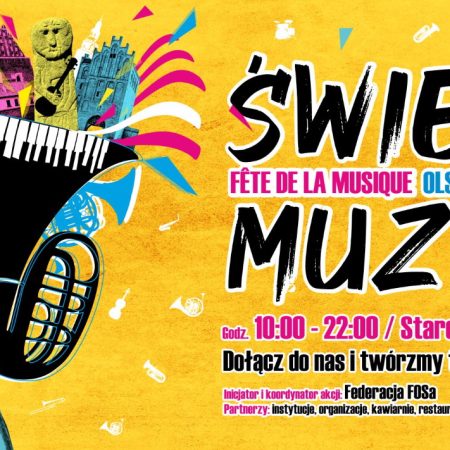 Plakat zapraszający w czwartek 26 czerwca 2025 r. do Olsztyna na Święto Muzyki Fete de la Musique Olsztyn 2025.