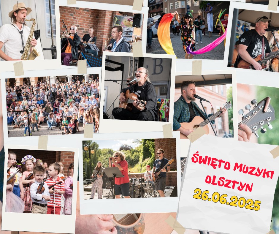 Plakat zapraszający w czwartek 26 czerwca 2025 r. do Olsztyna na Święto Muzyki Fete de la Musique Olsztyn 2025. 