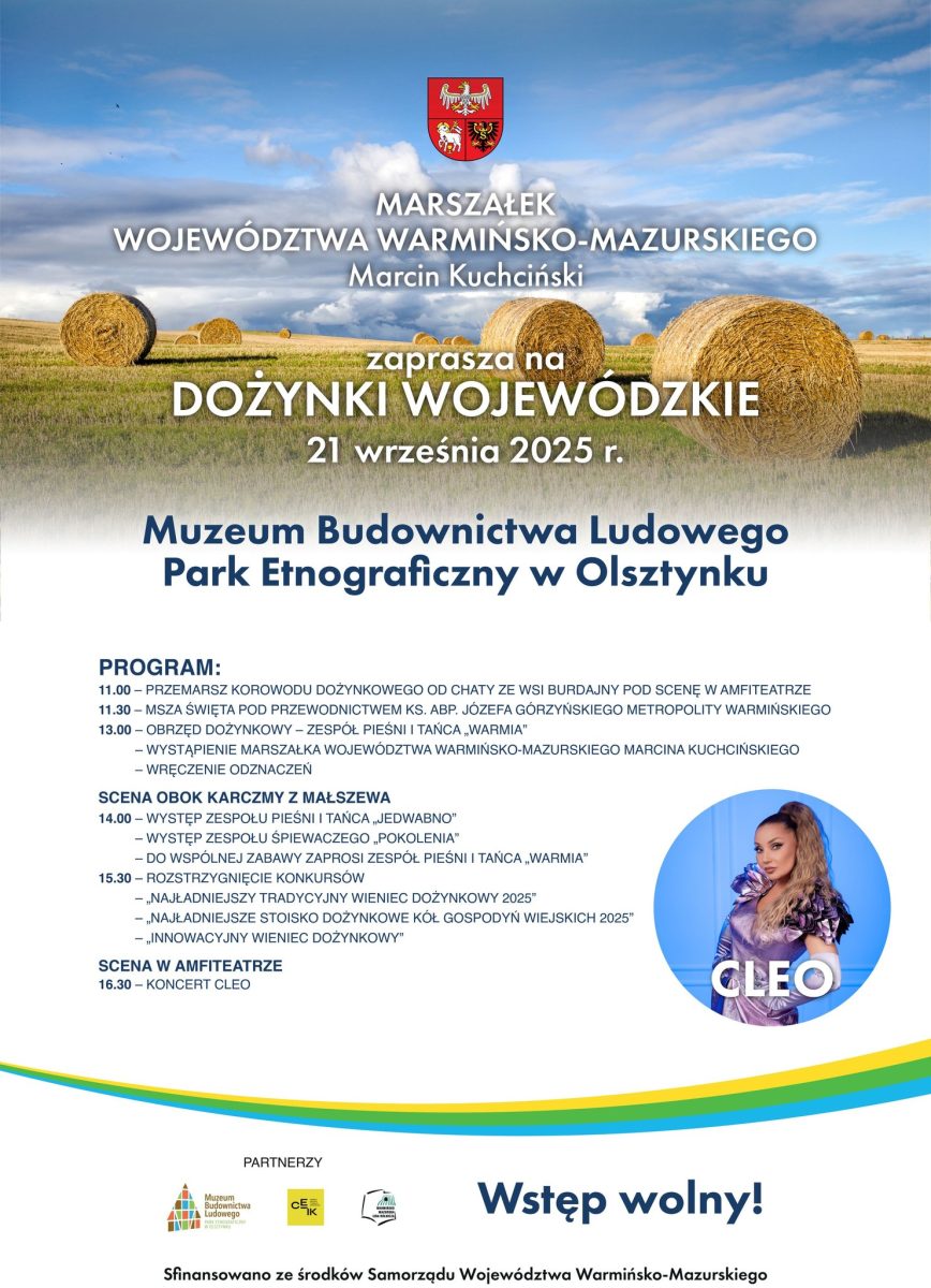 Plakat zapraszający w niedzielę 21 września 2025 r. do Muzeum Budownictwa Ludowego w Olsztynku na Warmińsko-Mazurskie Dożynki Wojewódzkie Skansen Olsztynek 2025.