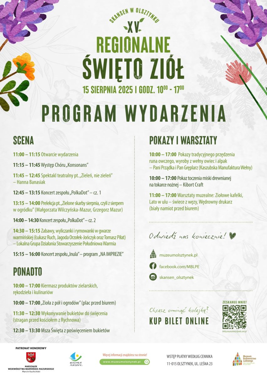 Plakat zapraszający w piątek 15 sierpnia 2025 r. do Muzeum Budownictwa Ludowego w Olsztynku na Regionalne Święto Ziół Skansen Olsztynek 2025.