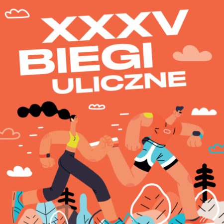 Plakat zapraszający w sobotę 10 maja 2025 r. do Ostródy na 35. edycję Ostródzkich Biegów Ulicznych - Memoriał Im. Zdzisława Krzyszkowiaka Ostróda 2025.