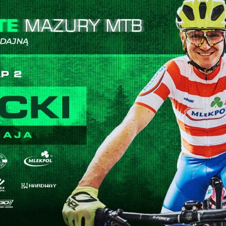 Plakat zapraszający w niedzielę 11 maja 2025 r. do miejscowości Piecki na Etap 2 wyścigu Łaciate Mazury MTB “Wyścig nad Dajną” Piecki 2025.