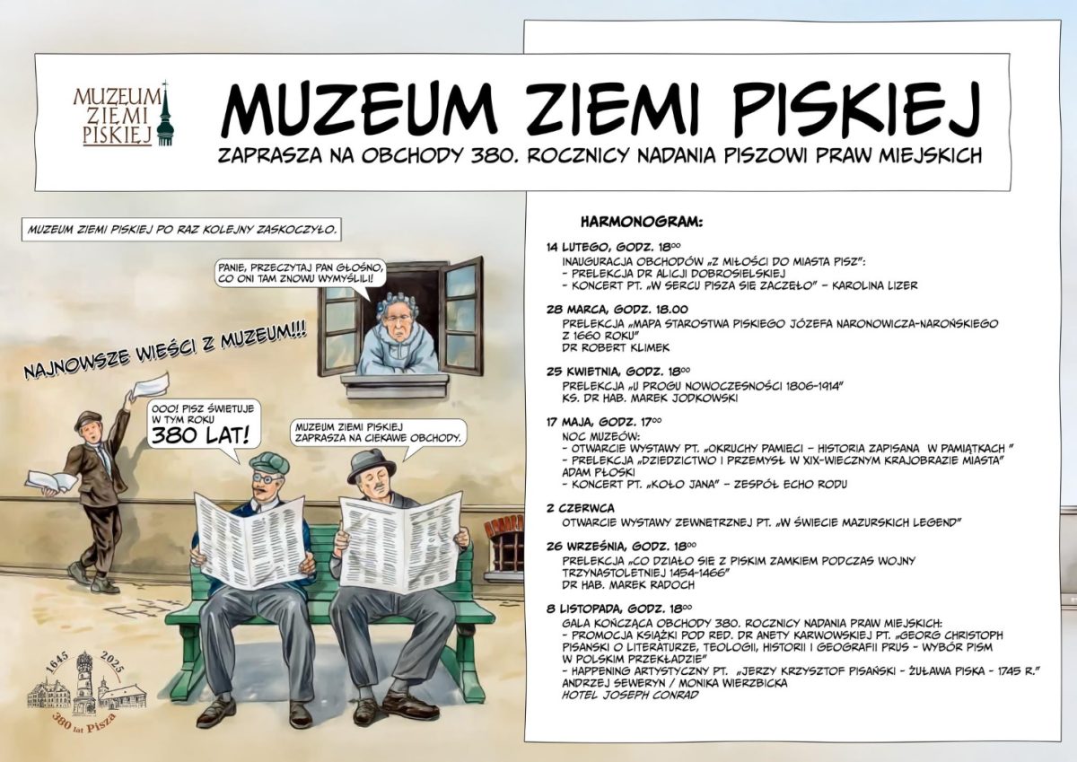 Plakat zapraszający w piątek 28 marca 2025 r. do Muzeum w Piszu na "Obchody 380. Rocznicy Nadania Piszowi Praw Miejskich" Muzeum Ziemi Piskiej 2025.