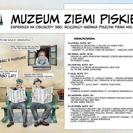 Plakat zapraszający w piątek 28 marca 2025 r. do Muzeum w Piszu na "Obchody 380. Rocznicy Nadania Piszowi Praw Miejskich" Muzeum Ziemi Piskiej 2025.