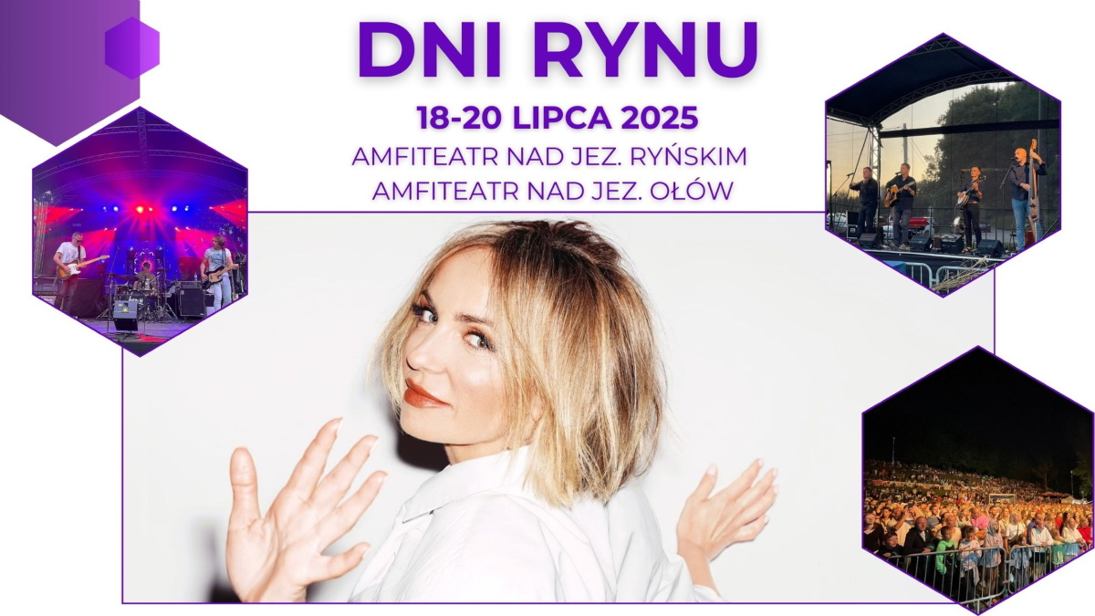 Plakat zapraszający w dniach 18-20 lipca 2025 r. do Rynu na coroczne urodziny miasta Dni Rynu 2025.