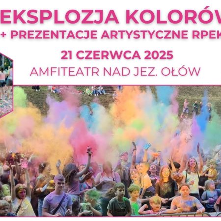 Plakat zapraszający w sobotę 21 czerwca 2025 r. do Rynu na Eksplozję Kolorów Ryn 2025.