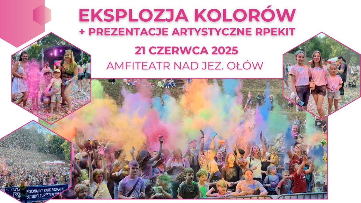 Plakat zapraszający w sobotę 21 czerwca 2025 r. do Rynu na Eksplozję Kolorów Ryn 2025.