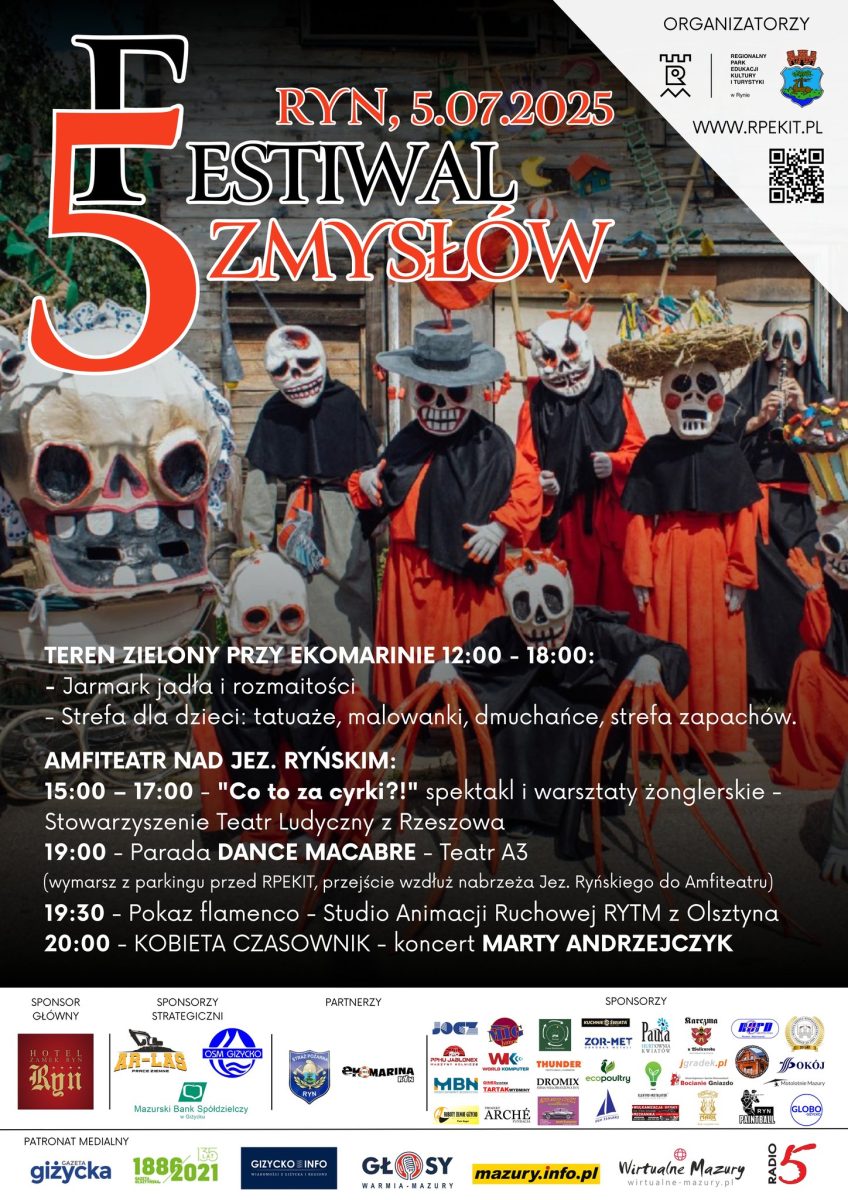 Plakat zapraszający w sobotę 5 lipca 2025 r. do Rynu na 3. edycję Festiwalu 5 Zmysłów Ryn 2025.