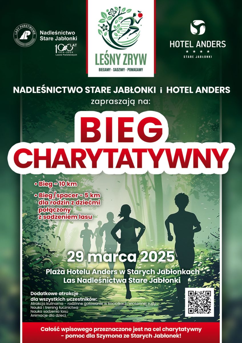 Plakat zapraszający na Bieg Leśny Zryw - Biegamy, Sadzimy, Pomagamy STARE JABŁONKI 2025. 