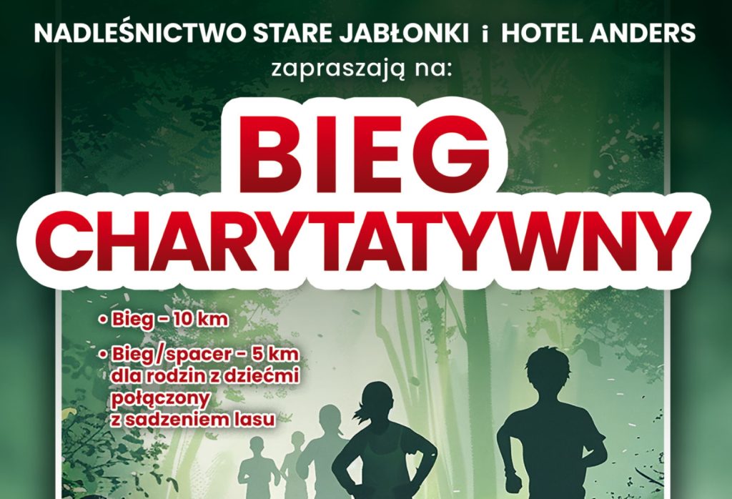 Plakat zapraszający na Bieg Leśny Zryw - Biegamy, Sadzimy, Pomagamy STARE JABŁONKI 2025. 