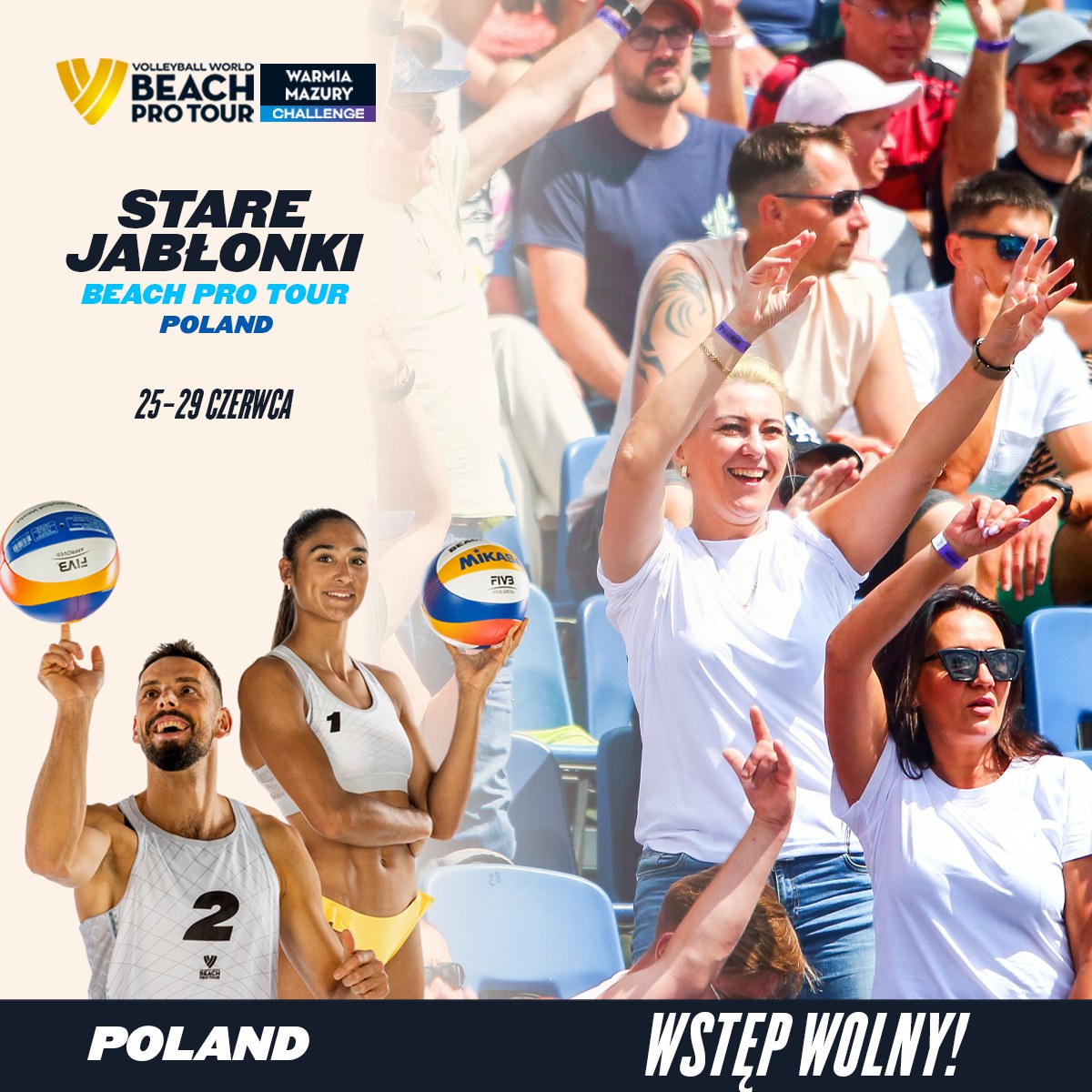 Plakat zapraszający w dniach 25-29 czerwca 2025 r. do Starych Jabłonek na Beach Pro Tour Warmia Mazury Challenge Stare Jabłonki 2025.
