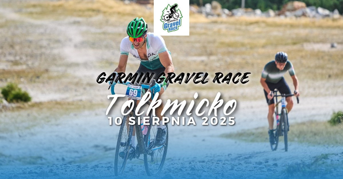Plakat zapraszający w niedzielę 10 sierpnia 2025 r. do Tolkmicka na kolejna edycję Wyścigu Garmin Gravel Race Tolkmicko 2025. 