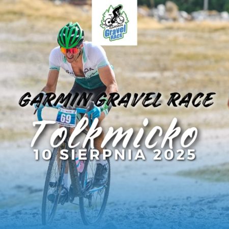Plakat zapraszający w niedzielę 10 sierpnia 2025 r. do Tolkmicka na kolejna edycję Wyścigu Garmin Gravel Race Tolkmicko 2025. 