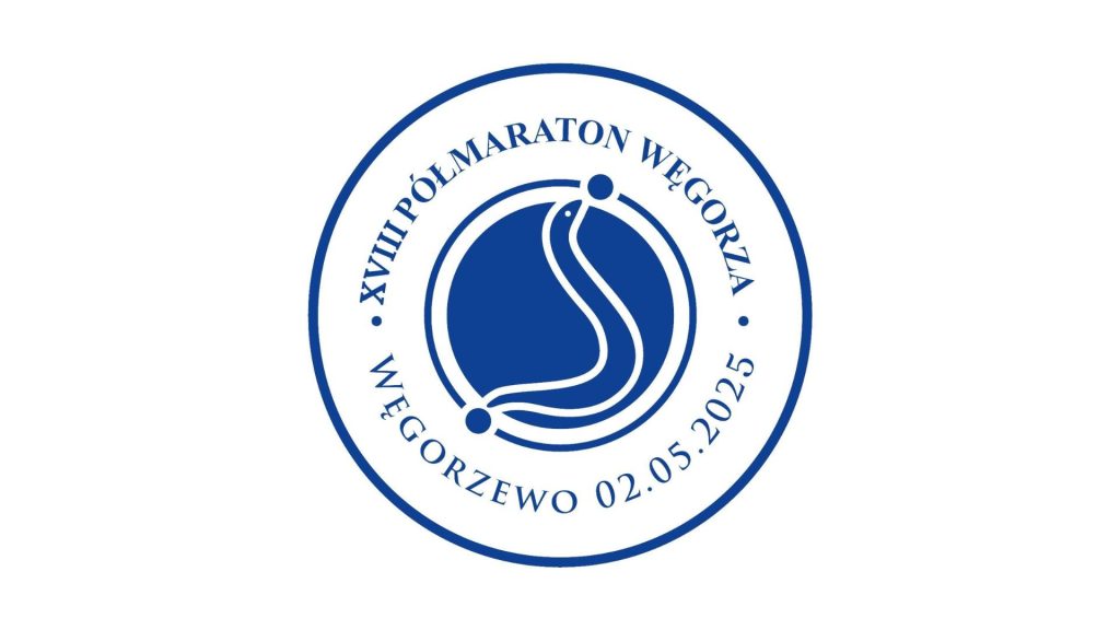 Plakat zapraszający w piątek 2 maja 2025 r. do Węgorzewa na 18.edycję Półmaratonu Węgorza & V Bieg Flagi Biało-Czerwonej Węgorzewo 2025.