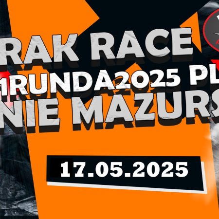 Plakat zapraszający w sobotę 17 maja 2025 r. do miejscowości Banie Mazurskie w powiecie gołdapskim na Wyścig Wraków – Wyścig Wraków - 1 Runda 2025 PLW Banie Mazurskie k. Gołdapi 2025.