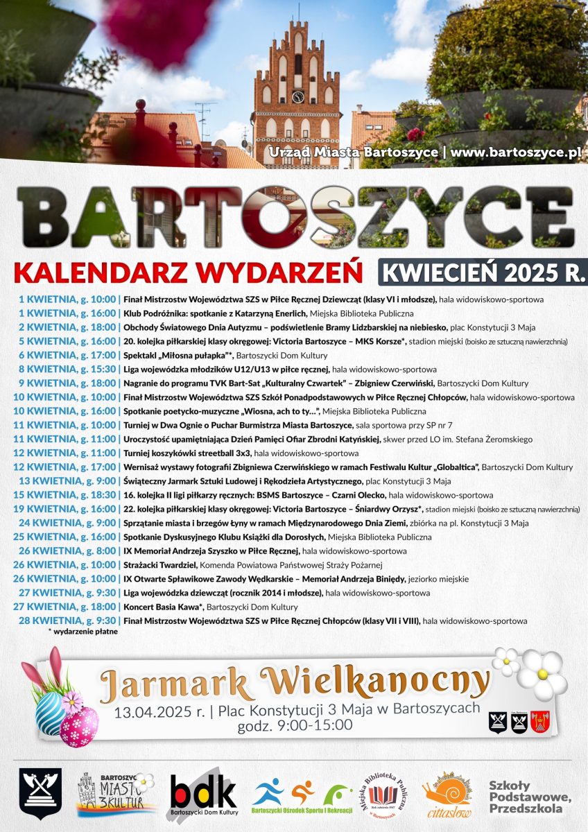 Kalendarz imprez organizowanych w kwietniu 2025 r. w Bartoszycach. 