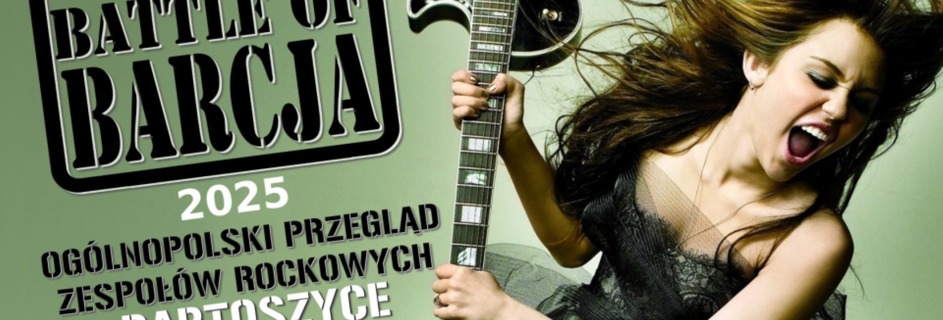 Plakat zapraszający w sobotę 6 września 2025 r. do Bartoszyc na Ogólnopolski Przegląd Rockowy "Rock Battle of Bacja" Bartoszyce 2025.