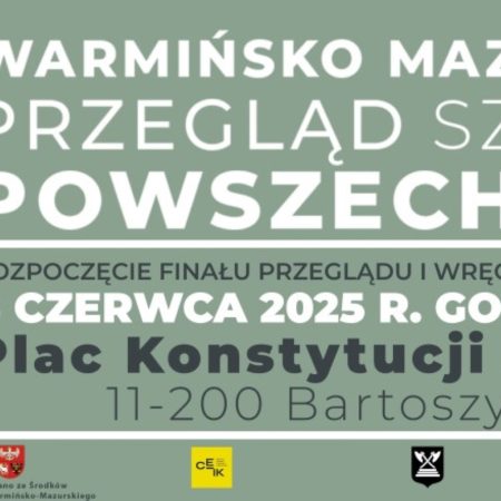 Plakat zapraszający w niedzielę 8 czerwca 2025 r. do Bartoszyc na Warmińsko-Mazurski Przegląd Sztuki Powszechnej Bartoszyce 2025.