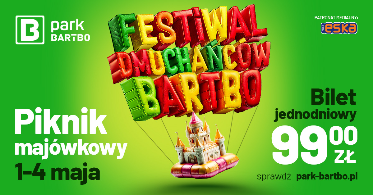 Plakat zapraszający w dniach 1-4 maja 2025 r. do miejscowości Butryny k. Olsztyna na Festiwal Dmuchańców - Park Bartbo Butryny 2025.