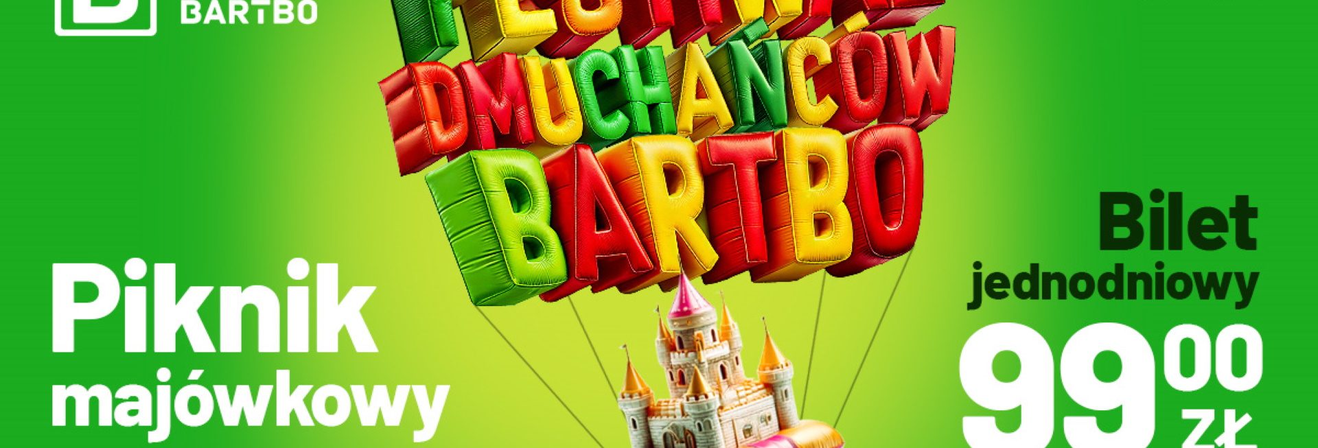 Plakat zapraszający w dniach 1-4 maja 2025 r. do miejscowości Butryny k. Olsztyna na Festiwal Dmuchańców - Park Bartbo Butryny 2025.