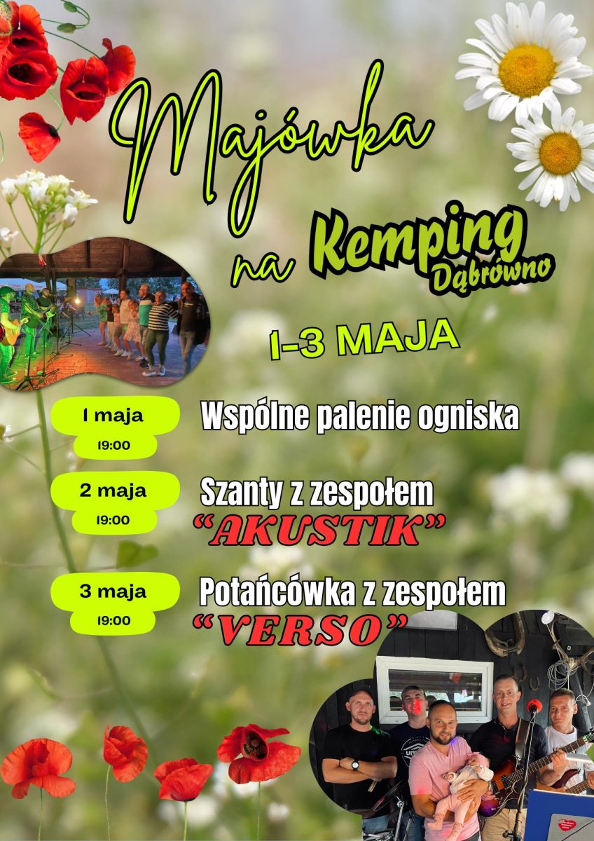 Plakat zapraszający w dniach 1-3 maja 2025 r. do miejscowości Dąbrówno w powiecie Ostródzkim na Majówkę na Kempingu Dąbrówno 2025.