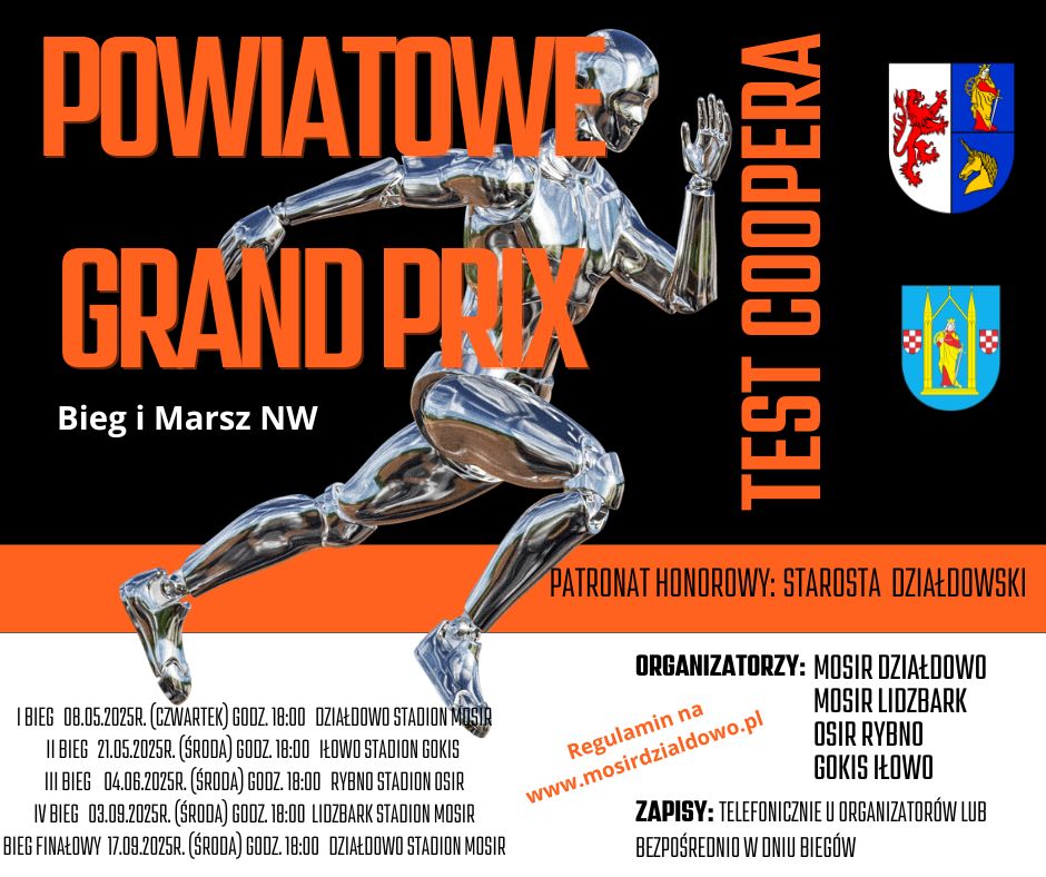 Plakat zapraszający do Działdowa na Grand Prix Powiatu Test Coopera Działdowo 2025.