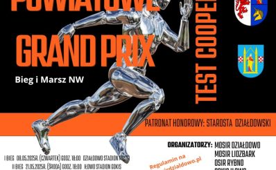 Plakat zapraszający do Działdowa na Grand Prix Powiatu Test Coopera Działdowo 2025.