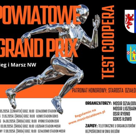 Plakat zapraszający do Działdowa na Grand Prix Powiatu Test Coopera Działdowo 2025.