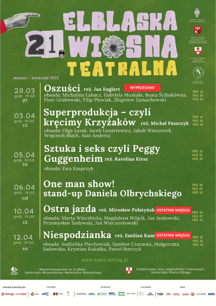 Plakat zapraszający do Elbląga na XXI Elbląską Wiosnę Teatralną.