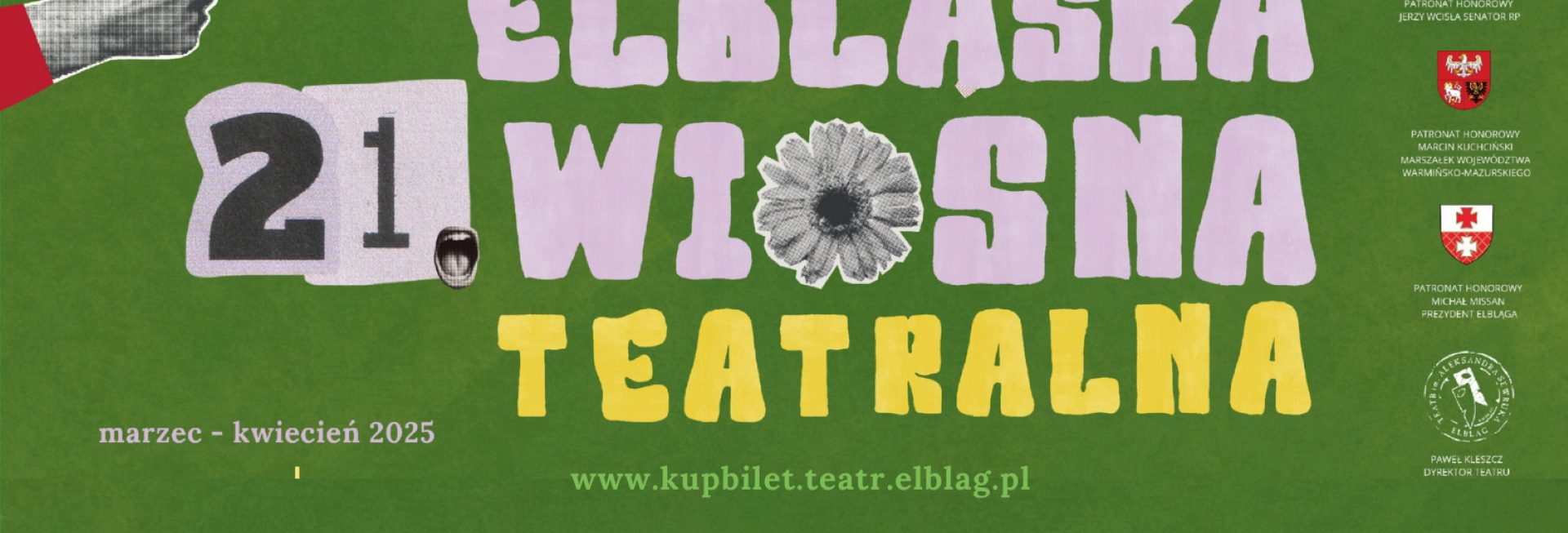 Plakat zapraszający do Elbląga na XXI Elbląską Wiosnę Teatralną.