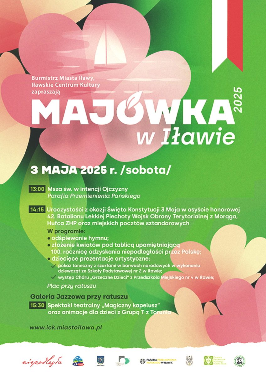 Plakat zapraszający w dniach 1-4 maja 2025 r. do Iławy na Majówkę w Iławie 2025.