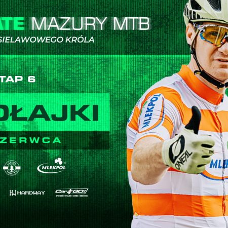 Plakat zapraszający w niedzielę 29 czerwca 2025 r. do Mikołajek na Łaciate Mazury MTB Etap 6 „W Krainie Sielawowego Króla” Mikołajki 2025