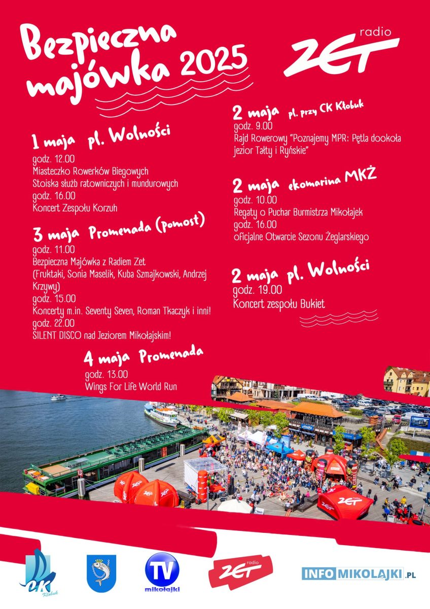 Plakat zapraszający w dniach 1-4 maja 2025 r. do Mikołajek na Majówkę w Mikołajkach 2025.