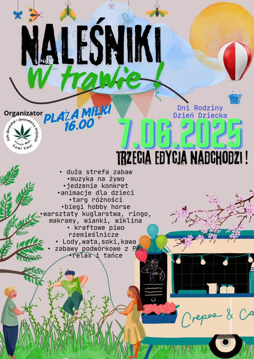 Plakat zapraszający w sobotę 7 czerwca 2025 r. do miejscowości Miłki w powiecie giżyckim na imprezę - Inauguracja Lata "Naleśniki w Trawie" Miłki 2025.