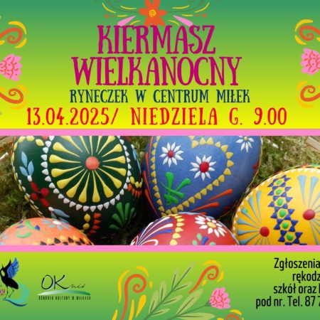 Plakat zapraszający w niedzielę 13 kwietnia 2025 r. do miejscowości Miłki w powiecie giżyckim na Kiermasz Wielkanocny na Ryneczku w Miłkach 2025.