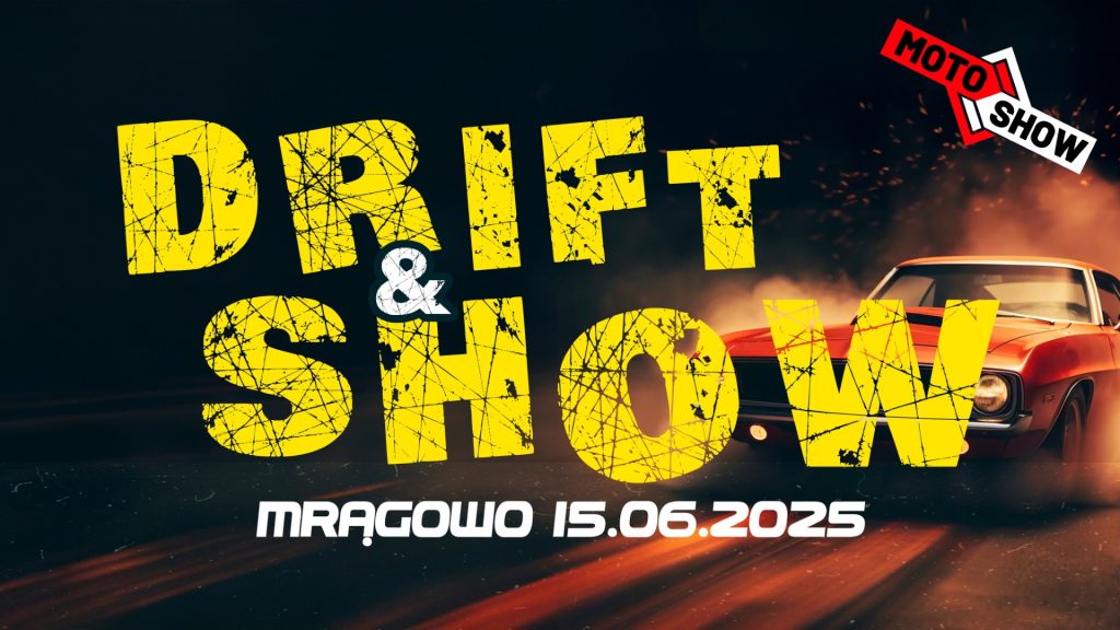 Plakat zapraszający w niedzielę 15 czerwca 2025 r. do Mrągowa na Drift & Show Miasteczko Westernowe Mrongoville Mrągowo 2025. 