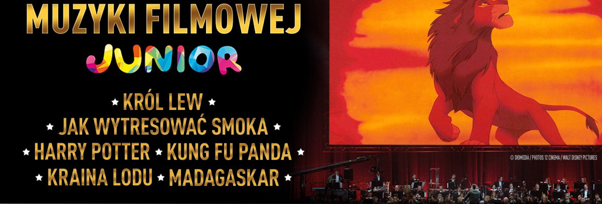 Plakat zapraszający w sobotę 22 listopada 2025 r. do Olsztyna na Koncert Muzyki Filmowej Junior Hala Urania 2025.