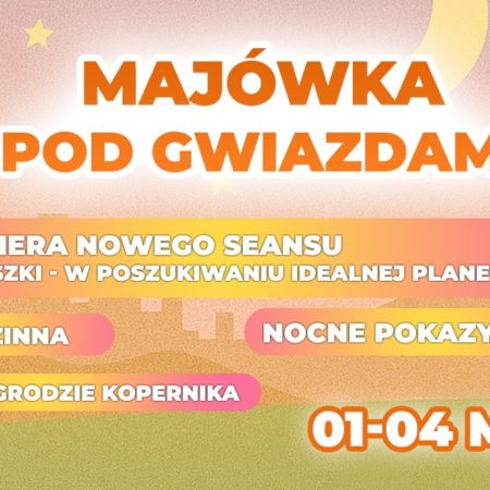 Plakat zapraszający w dniach 1-4 maja 2025 r. do Olsztyna na Majówkę Pod Gwiazdami w Olsztyńskim Planetarium i Obserwatorium Astronomicznym 2025.