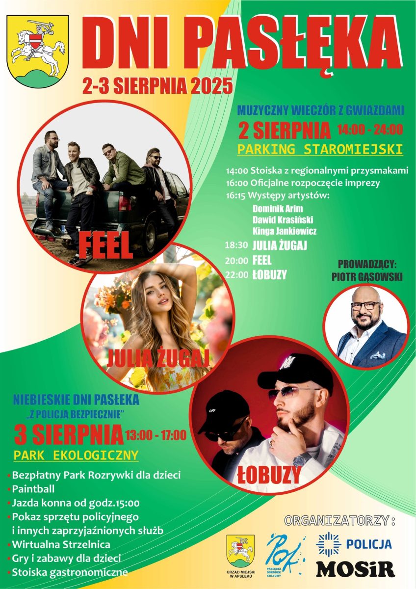 Plakat zapraszający w dniach 2-3 sierpnia 2025 r. do Pasłęka na coroczną imprezę urodzin miasta Dni Pasłęka 2025.