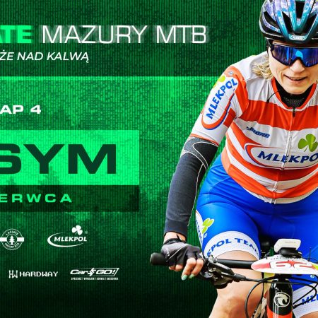 Plakat zapraszający w niedzielę 8 czerwca 2025 r. do Pasymia na Etap 4 wyścigu Łaciate Mazury MTB “Cztery Wieże nad Kalwą” Pasym 2025.
